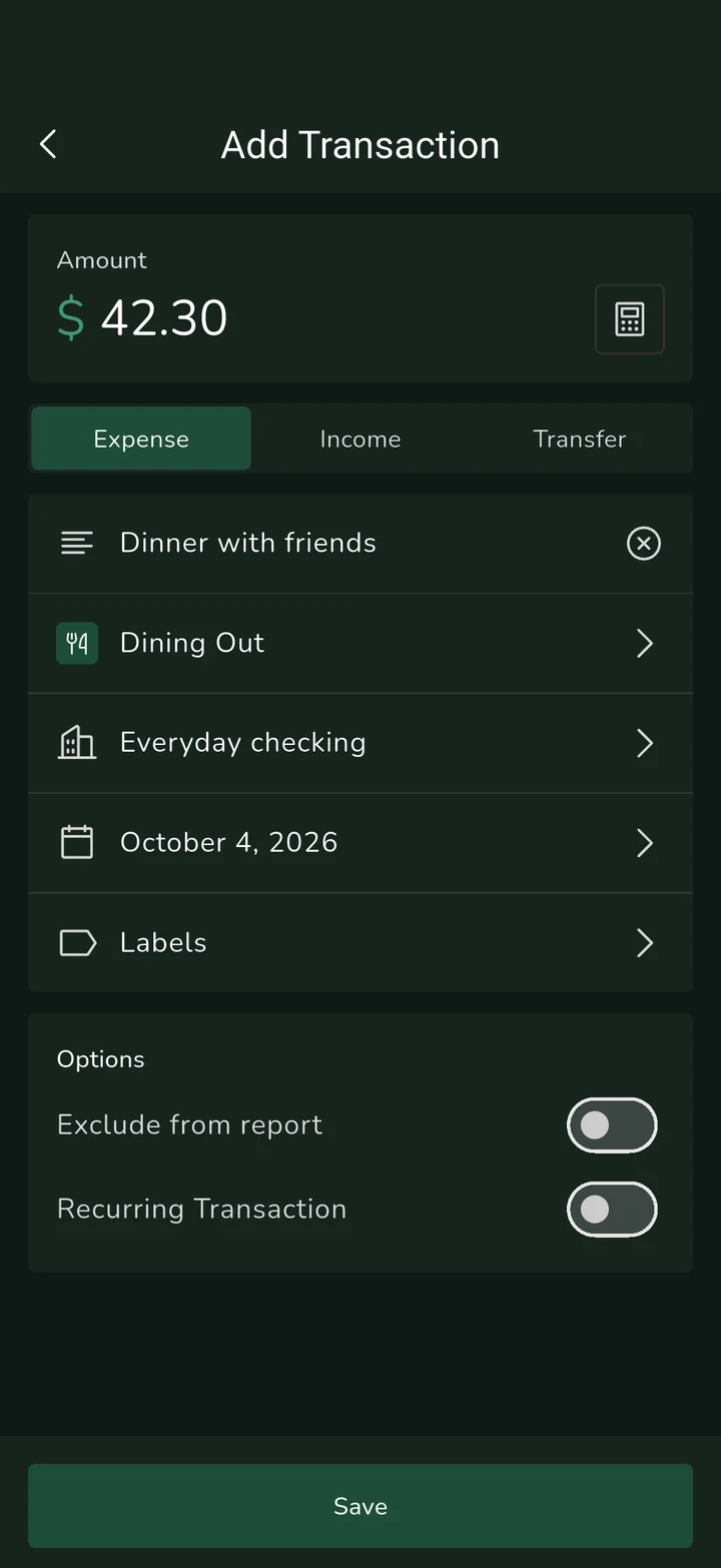 Adding a $42.30 dining expense with a note, category, wallet and date