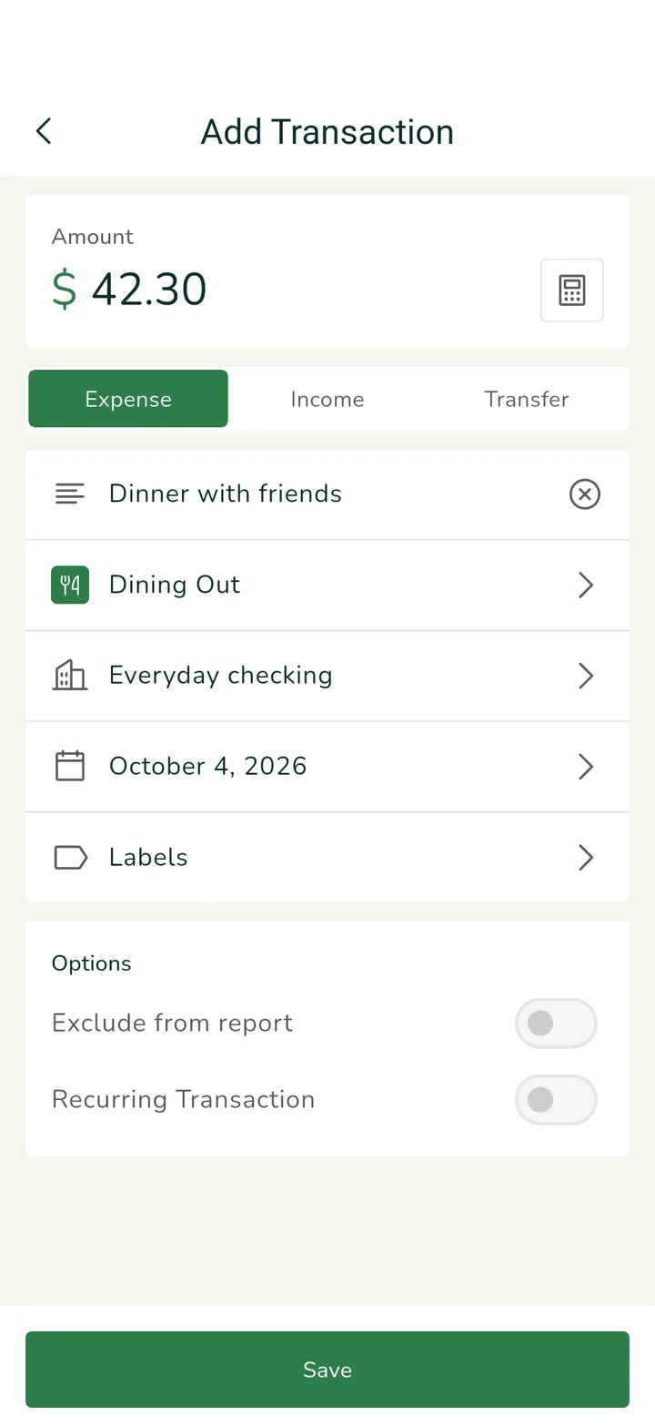 Adding a $42.30 dining expense with a note, category, wallet and date