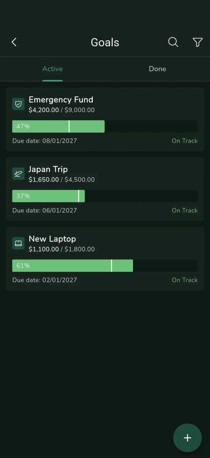 Goals: Emergency Fund 47%, Japan Trip 37% and New Laptop 61%, all on track