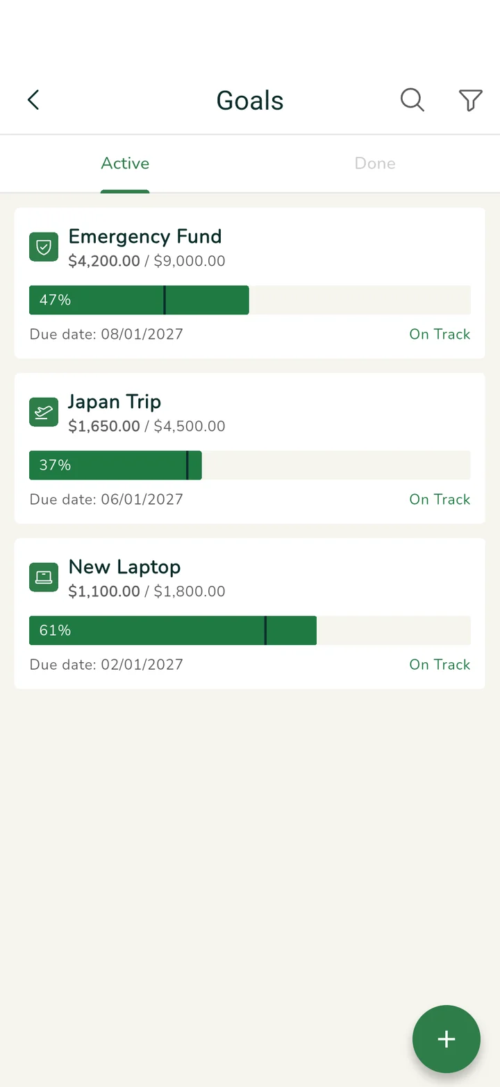Goals: Emergency Fund 47%, Japan Trip 37% and New Laptop 61%, all on track