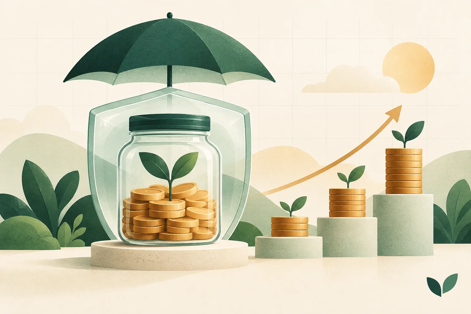 Illustrated savings jar protected by an umbrella with growing coin milestones
