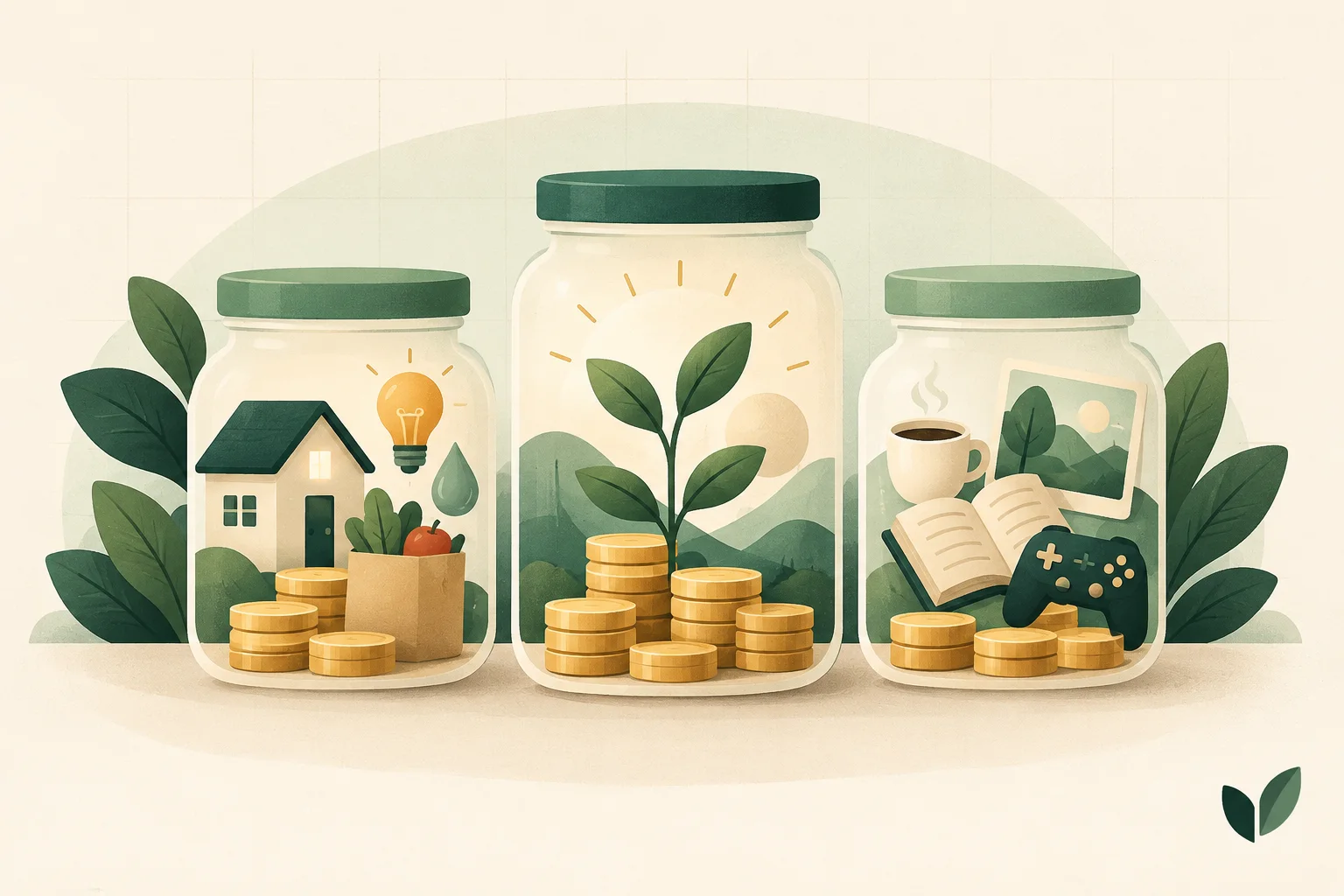 Three illustrated money jars for essentials, goals, and flexible spending